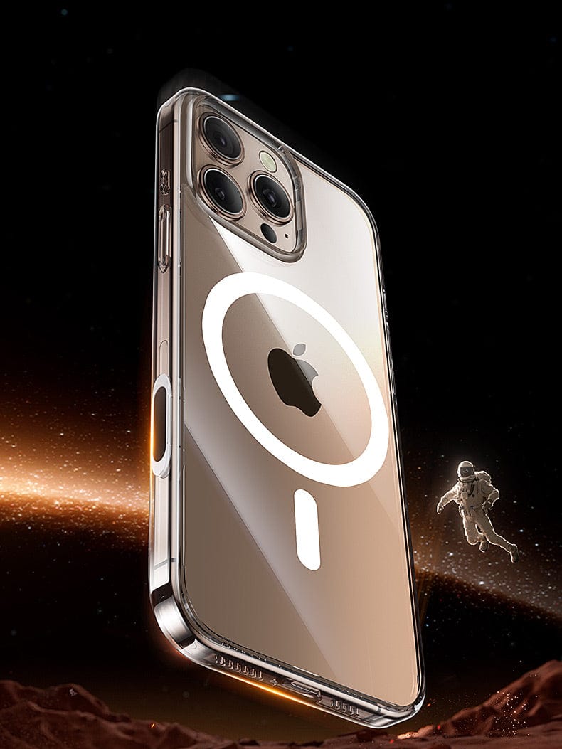An iPhone 16 Pro Max in a clear case featuring an anti-yellowing, anti-fingerprint surface and magnetic adsorption floats in space, its prominent circular design visible on the back, with a distant astronaut in the background.