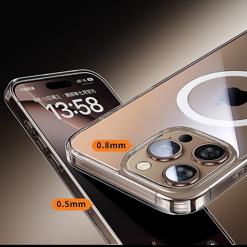 Clear iPhone 16 Pro Max case featuring precise 0.8mm and 0.5mm thickness measurements, with an AR-coated anti-fingerprint surface, displayed on two phones—one lock screen showing the time 13:58 and Chinese text. This is the Anti-Yellowing, Anti-Fingerprint iPhone 16 Pro Max Clear Case with Magnetic Adsorption & Responsive Camera Button.