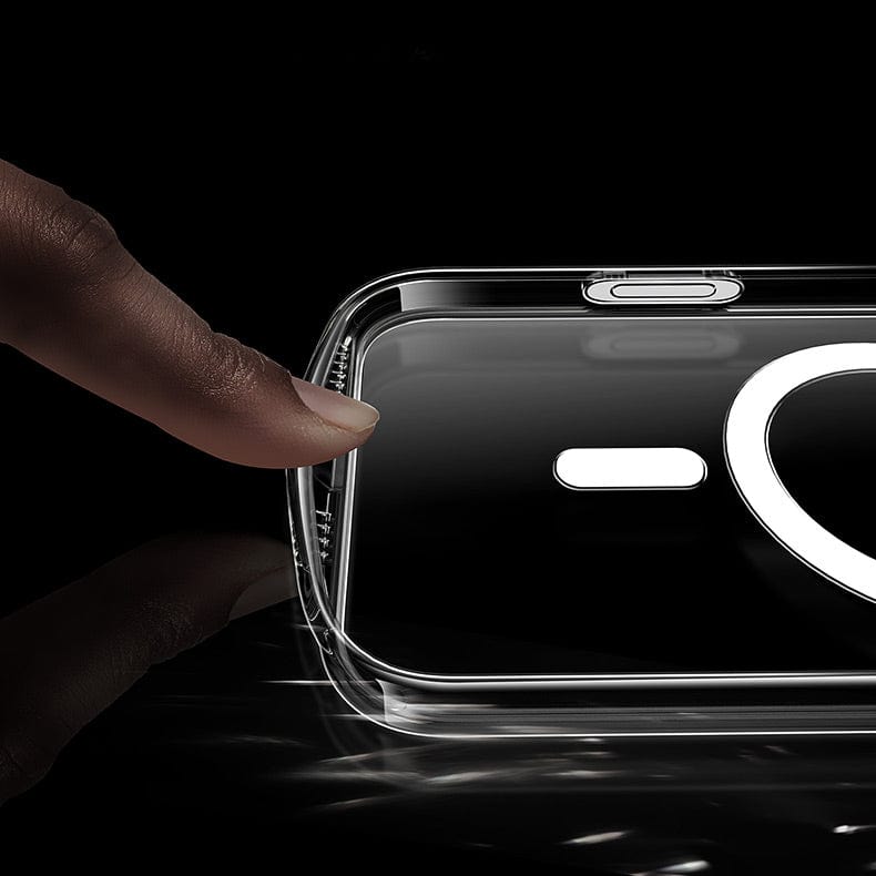 Close-up of an iPhone 16 Pro Max Clear Case being held by a person's hand against a dark background, featuring an anti-fingerprint surface that showcases the phone's buttons.