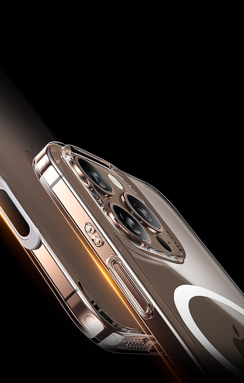 Close-up of an iPhone 16 Pro Max with triple camera lenses, encased in the iPhone 16 Pro Max Clear Case featuring anti-yellowing and anti-fingerprint properties along with super magnetic adsorption, against a black background.