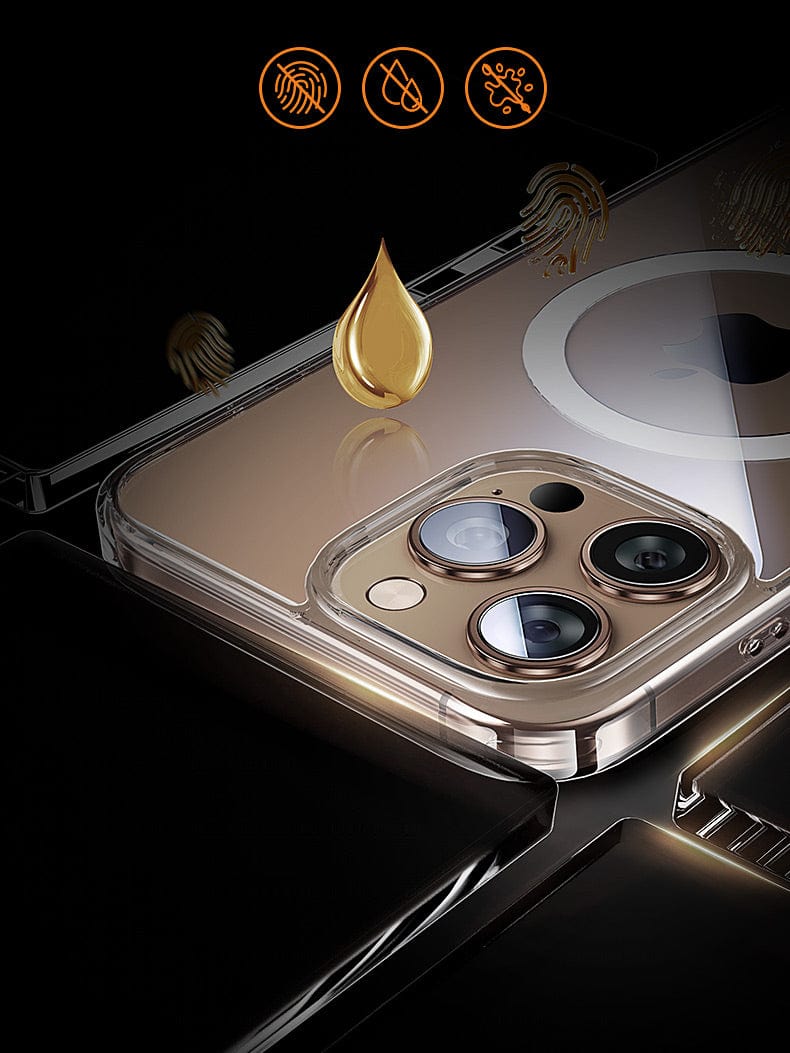 Close-up of the iPhone 16 Pro Max Clear Case with a transparent design showcasing the triple camera and a water droplet on the back. Icons above emphasize fingerprint, water, and dust resistance features. The AR-coated anti-fingerprint surface ensures a pristine look. This clear case is also anti-yellowing and equipped with magnetic adsorption & a responsive camera button for optimal functionality.