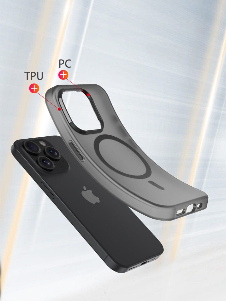 Image of a black smartphone next to a detached gray iPhone 16 Pro Max Frosted Semi-Transparent MagSafe Case, featuring annotations in red to highlight the TPU and PC materials used in the case. The case provides full-body, shockproof protection and is designed with MagSafe compatibility for your convenience.