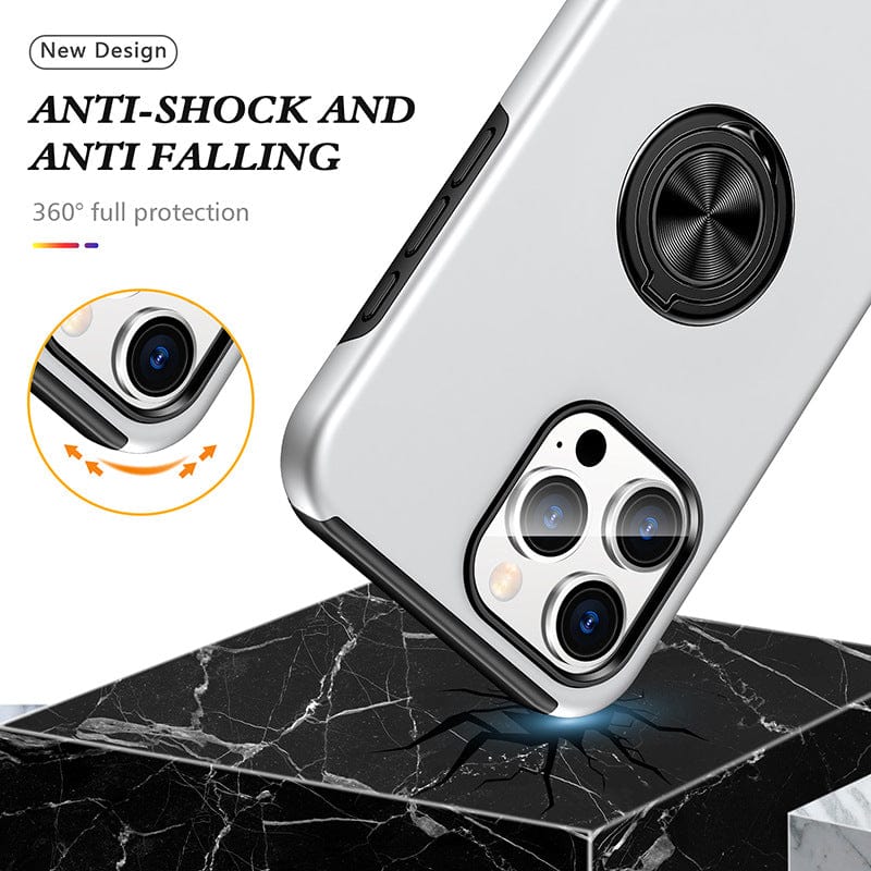 Introducing the iPhone 16 Pro Max Case with 360° Rotating Ring Stand, now featuring a new design with dual-layer protection and anti-fall capabilities. Enjoy comprehensive 360-degree full protection and a convenient rotating ring stand. Available in silver color.