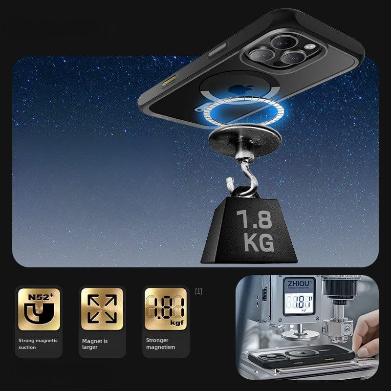 Introducing the iPhone 16 Pro Max Magnetic Ring Stand Case, capable of supporting up to 1.8 kg with its N52+ magnet for enhanced stability and stronger magnetic attachment. This case offers full-body shockproof protection and features an Air Cushion Shockproof Design, Camera Control Button, small device setup capability, and a versatile Magnetic Ring Kickstand.