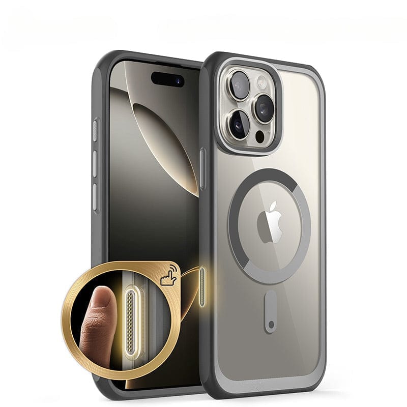 Introducing the iPhone 16 Pro Max Magnetic Ring Stand Case in sleek grey, designed for ultimate protection and convenience. This full-body shockproof case features a MagSafe ring and a versatile Magnetic Ring Kickstand, while its highlighted, textured side buttons offer an improved grip. For added security, the clear case incorporates an Air Cushion Shockproof Design to safeguard your device from impacts.