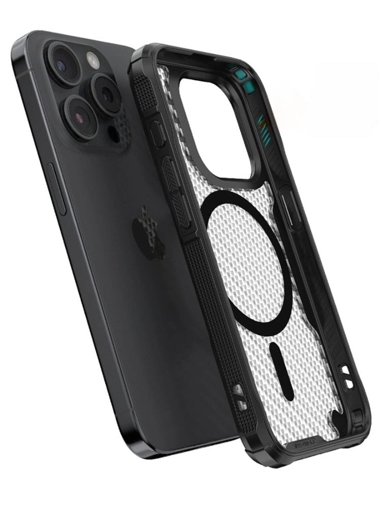 A black smartphone is partially encased in a Lightweight MagSafe iPhone 16 Pro Max Case, featuring a shockproof air cushion and impact-resistant design made from TPU+PC material, with a visible circular pattern on the back.