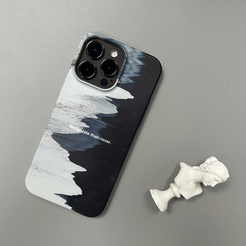 Monochrome Waves iPhone 16 Pro Max Case - Minimalist Design with "Better Late Than Never" Quote