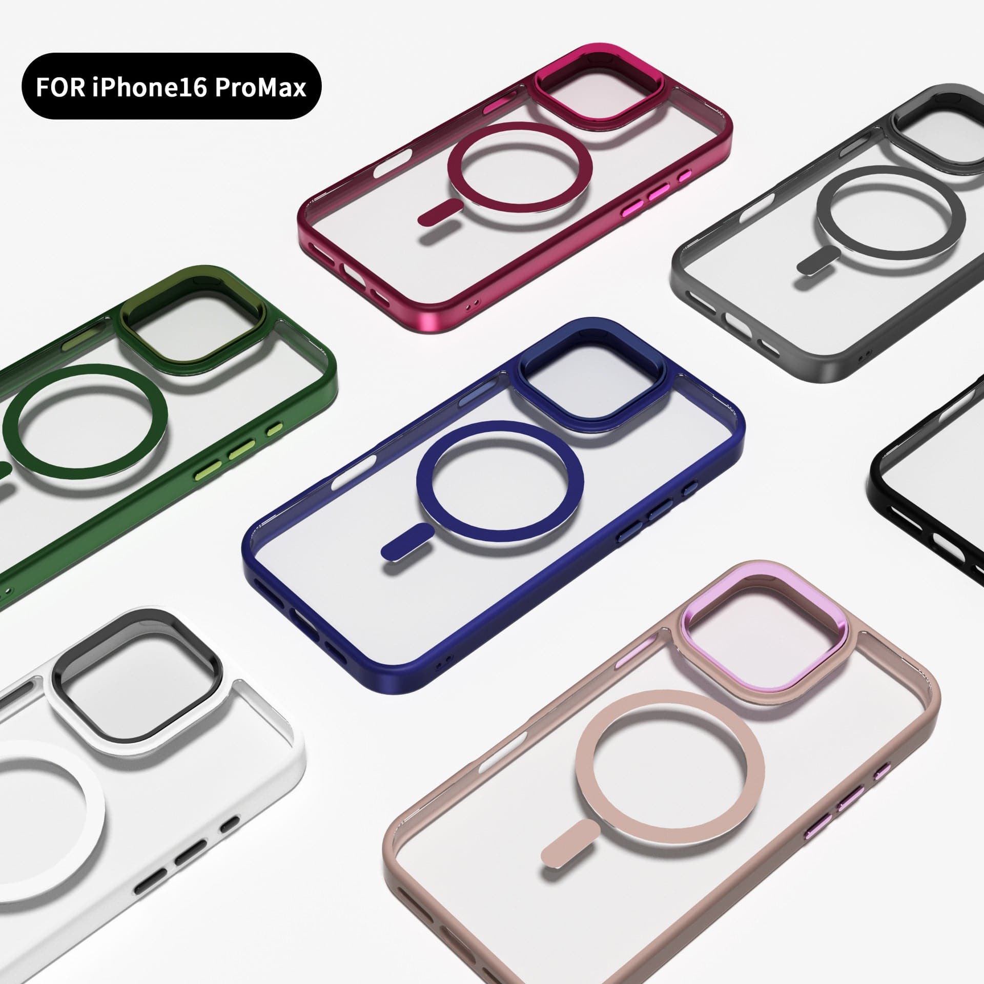 Our MagSafe Compatible iPhone 16 Pro Max Case features a clear back with a TPU bumper in various colors, including green, black, pink, blue, and clear options. The cases also come with circular pattern accents arranged in rows and sleek metallic finishes for added style.