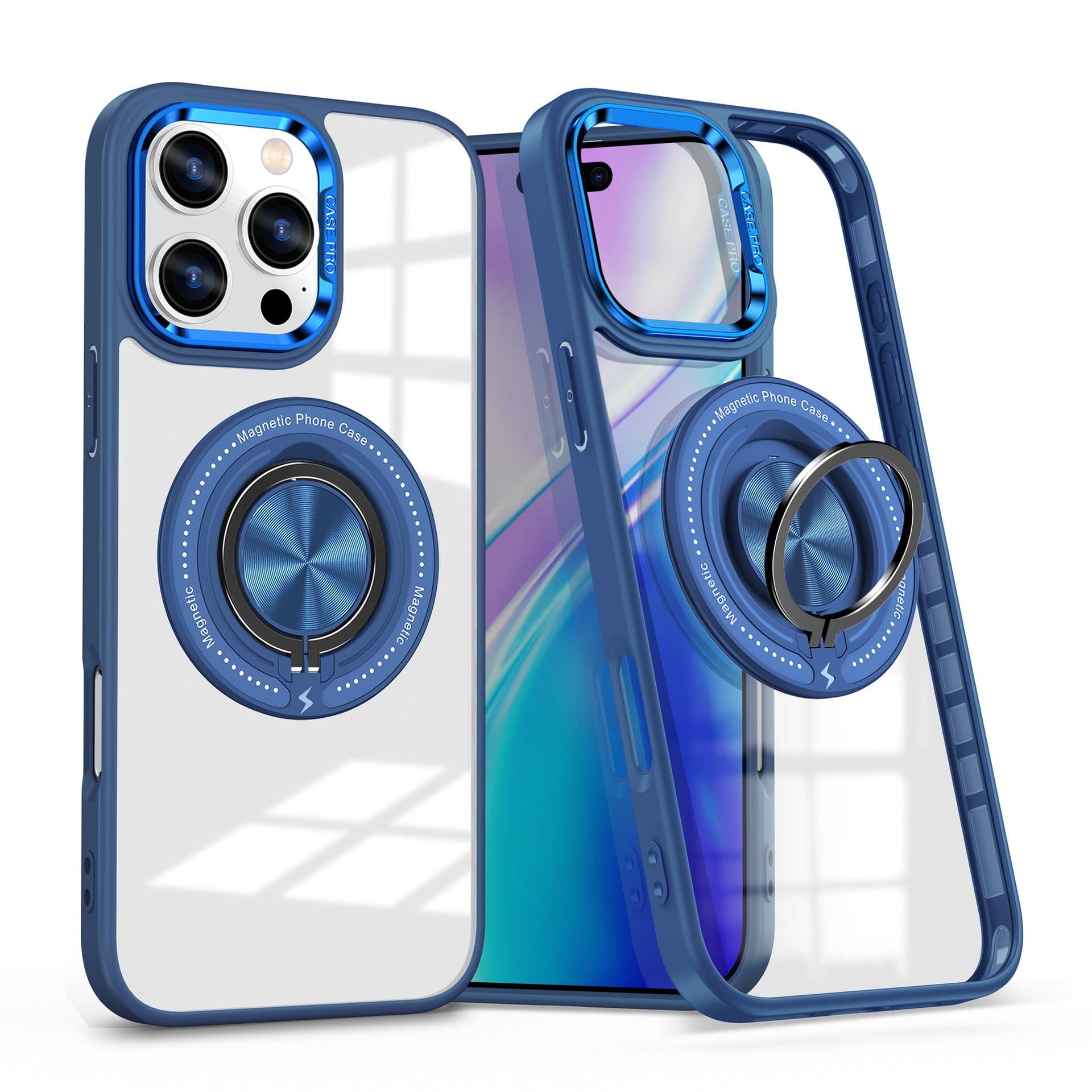 Two iPhone 16 Pro Max in blue, equipped with Magnetic Ring cases. These MagSafe compatible, shockproof clear covers feature a round, metallic 360° rotating finger ring on the back and are propped up to show both front and back views.