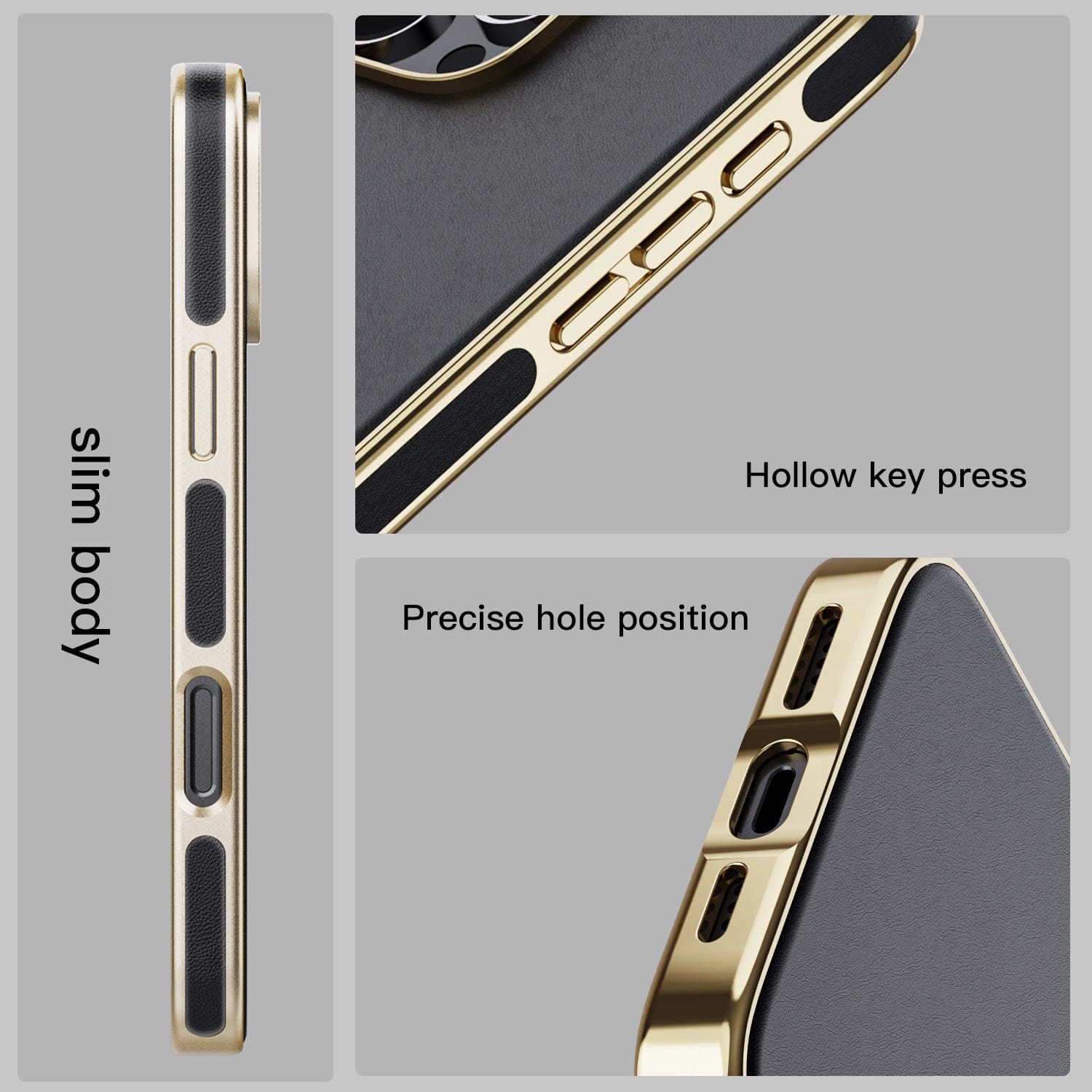 Close-up images of the iPhone 16 Pro Max MagSafe Case showcasing its slim body, hollow key press buttons, and precise hole positions for ports. The black luxury PU leather case with gold metallic edges also boasts an electroplated bumper for added durability and style.