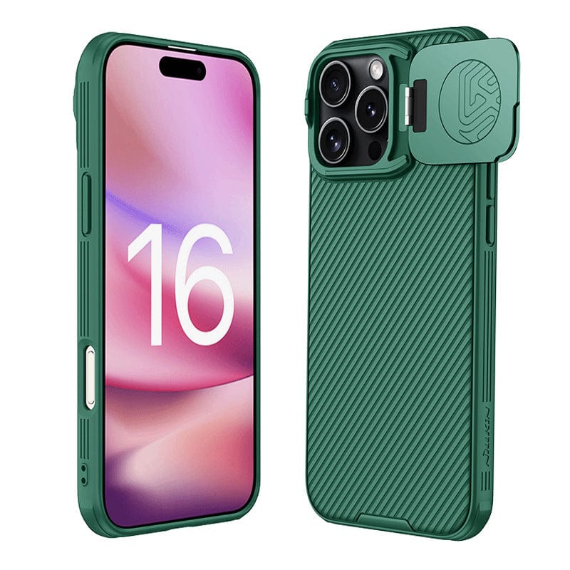 Presenting the Green Shockproof Slim Fit iPhone 16 Pro Max Case with MagSafe, showcasing dual-layer protection and a camera cover. Featured from both front and back views, it displays a phone with the number 16 on the screen. This sleek case provides an anti-slip grip and superior shockproof protection.