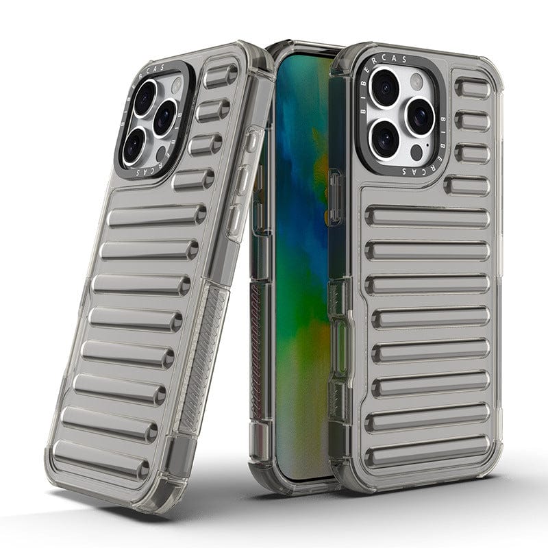 Displayed are two rugged iPhone 16 Pro Max Clear Air Cushion Cases with a textured, ridged design; one case reveals the back and the other displays the screen. The grey cases are specifically designed for phones with a triple-lens camera, offering dual-layer protection and air cushion technology. They are also compatible with wireless charging.