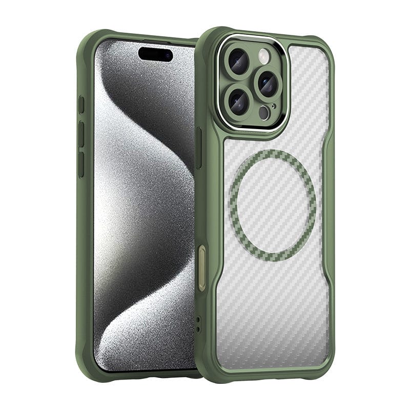 Introducing the iPhone 16 Pro Max Case made from semi-transparent carbon fiber and PC material, with a matte finish. The case is MagSafe compatible and features shockproof airbag corners. Shown with front and back views, it includes visible camera cutouts and side buttons.