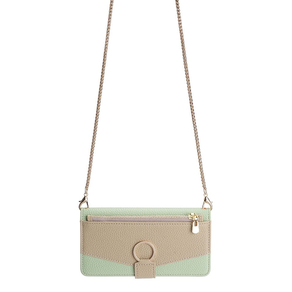 Introducing the iPhone 16 Pro Max Crossbody Wallet Case, a compact rectangular design in a chic beige and mint green color scheme. This stylish crossbody features a luxurious gold chain strap and an elegant front clasp on a central ring detail. With a zippered top compartment, it's perfect for securely holding your iPhone 16 Pro Max case.