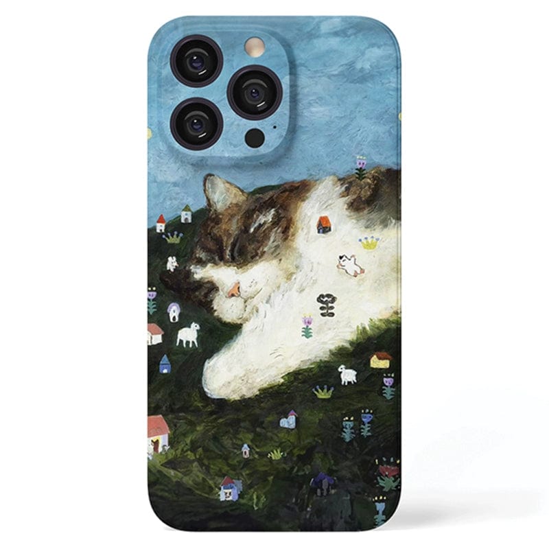 The Whimsical Cat Dream iPhone 16 Pro Max Case - Artistic and Playful Design with Full Protection, showcases an illustration of a large, sleeping cat resting on a grassy hill. Surrounding the cat are small houses, animals, flowers, and other whimsical elements that create an imaginative landscape.