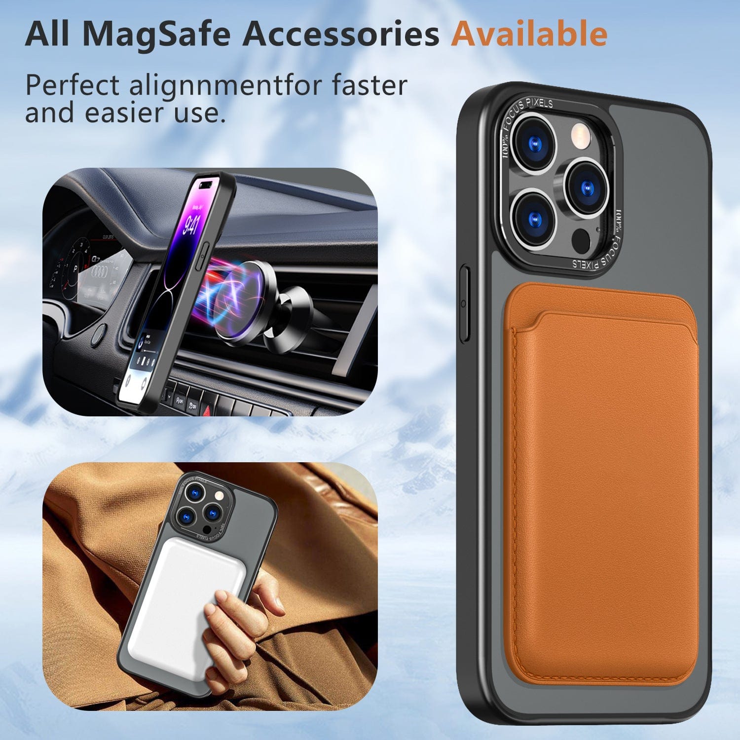 Image showcasing MagSafe accessories, featuring a phone mount on a car dashboard and the iPhone 16 Pro Max Case - Shockproof with 360° Rotating Stand, MagSafe Compatible, Anti-Fingerprint, Anti-Smudge case with a leather cardholder. Text on image reads, "All MagSafe Accessories Available. Perfect alignment for faster and easier use.