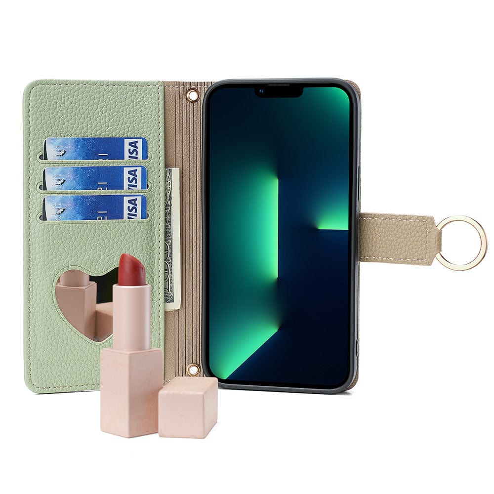 A stylish iPhone 16 Pro Max Crossbody Wallet Case crafted from PU leather in a green hue, featuring three card slots, a built-in mirror, and a handy lipstick holder.