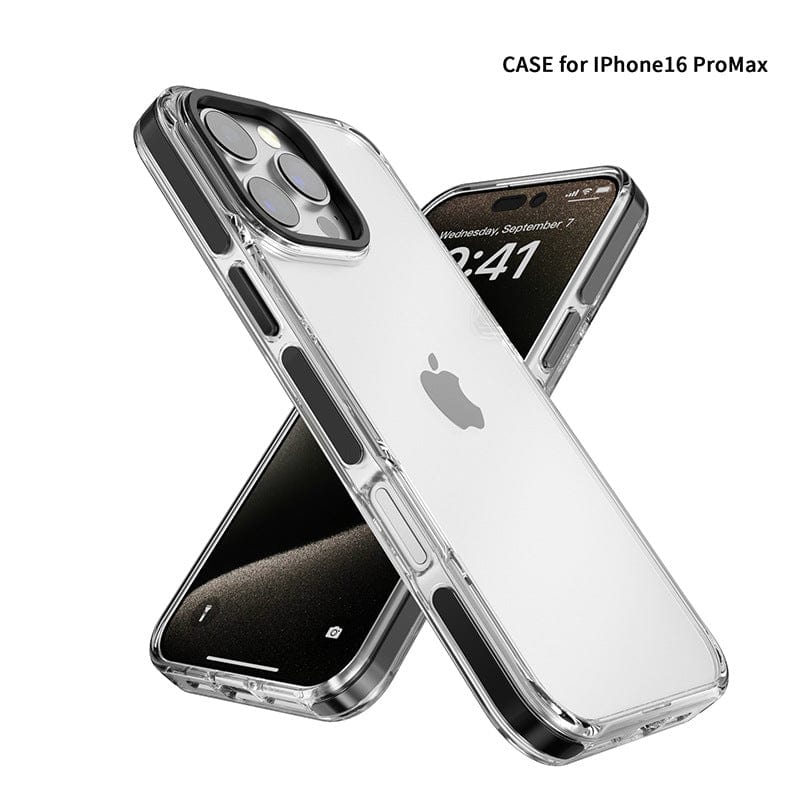 Clear phone case shown on two iPhone 16 Pro Max devices, featuring precise cutouts and a minimalist design. The text in the image reads "iPhone 16 Pro Max Clear Case with TPU Bumper | Dual-Layer Protection | Transparent PC Back Cover.