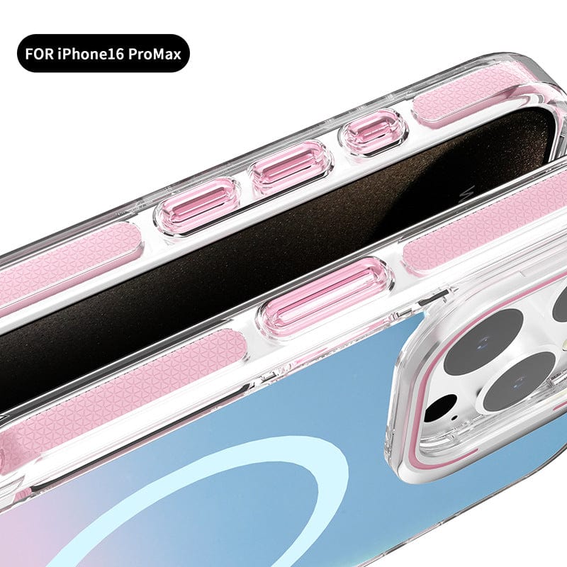 Close-up of an iPhone 16 Pro Max Case with iridescent finish, featuring a clear back, colorful TPU bumper with pink accents, and precision cutouts for camera lenses and buttons. MagSafe compatible.