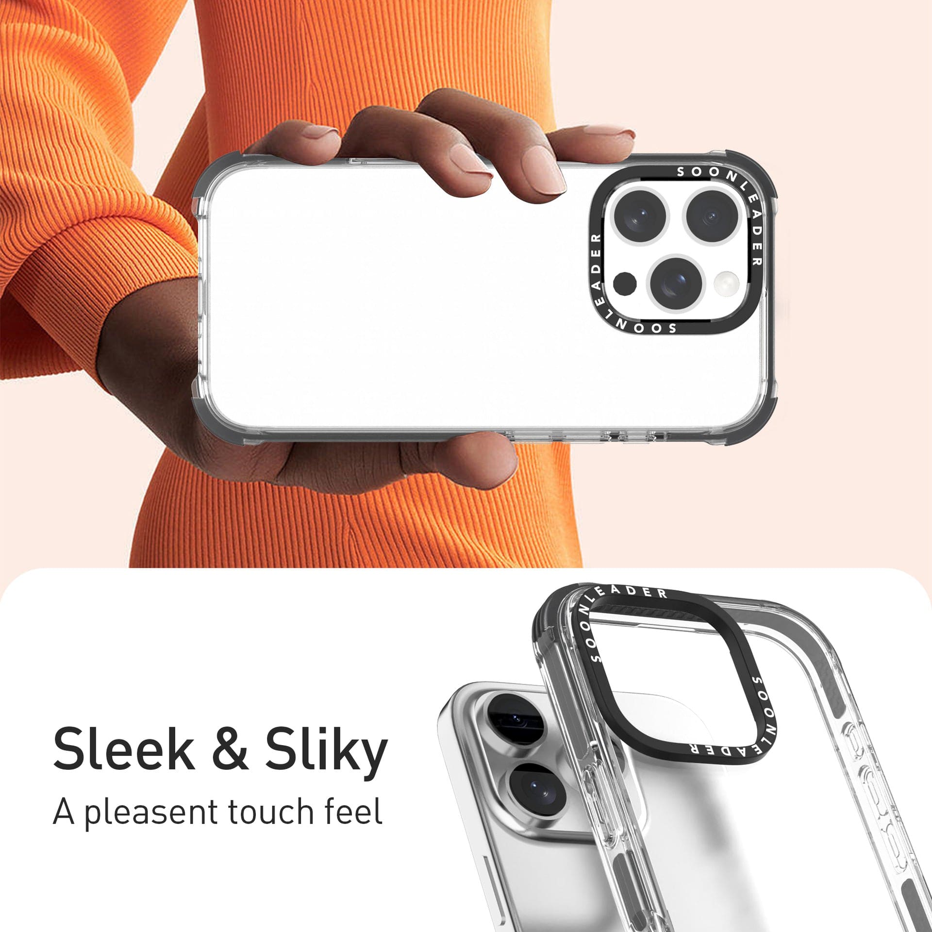 A hand holding an iPhone 16 Pro Max in a transparent case. Below is the same iPhone 16 Pro Max Clear MagSafe Case on a white background, accompanied by text reading "Sleek & Silky, A pleasant touch feel." Featuring military-grade drop protection, this anti-yellowing shockproof cover ensures your device stays safe and stylish.