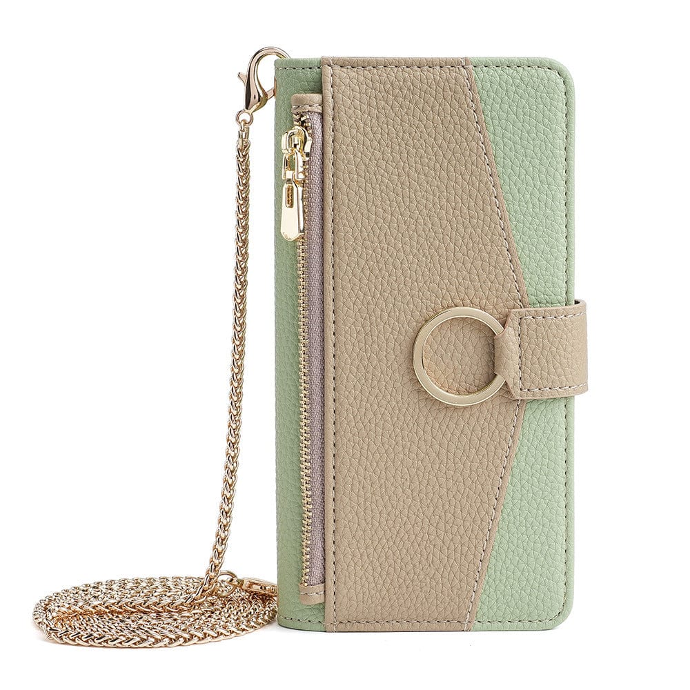 The iPhone 16 Pro Max Crossbody Wallet Case in beige and green is perfect for carrying essentials, featuring a gold ring clasp, front zipper pocket, and an attached gold chain strap.