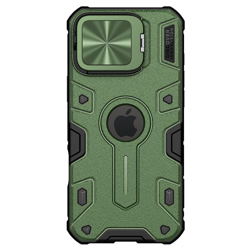 The Rugged MagSafe iPhone 16 Pro Max Case in green, crafted from shockproof TPU, PC, and metal, offers a secure camera shield and showcases a central Apple logo. With black accents and a textured design for improved grip, it ensures MagSafe compatibility.