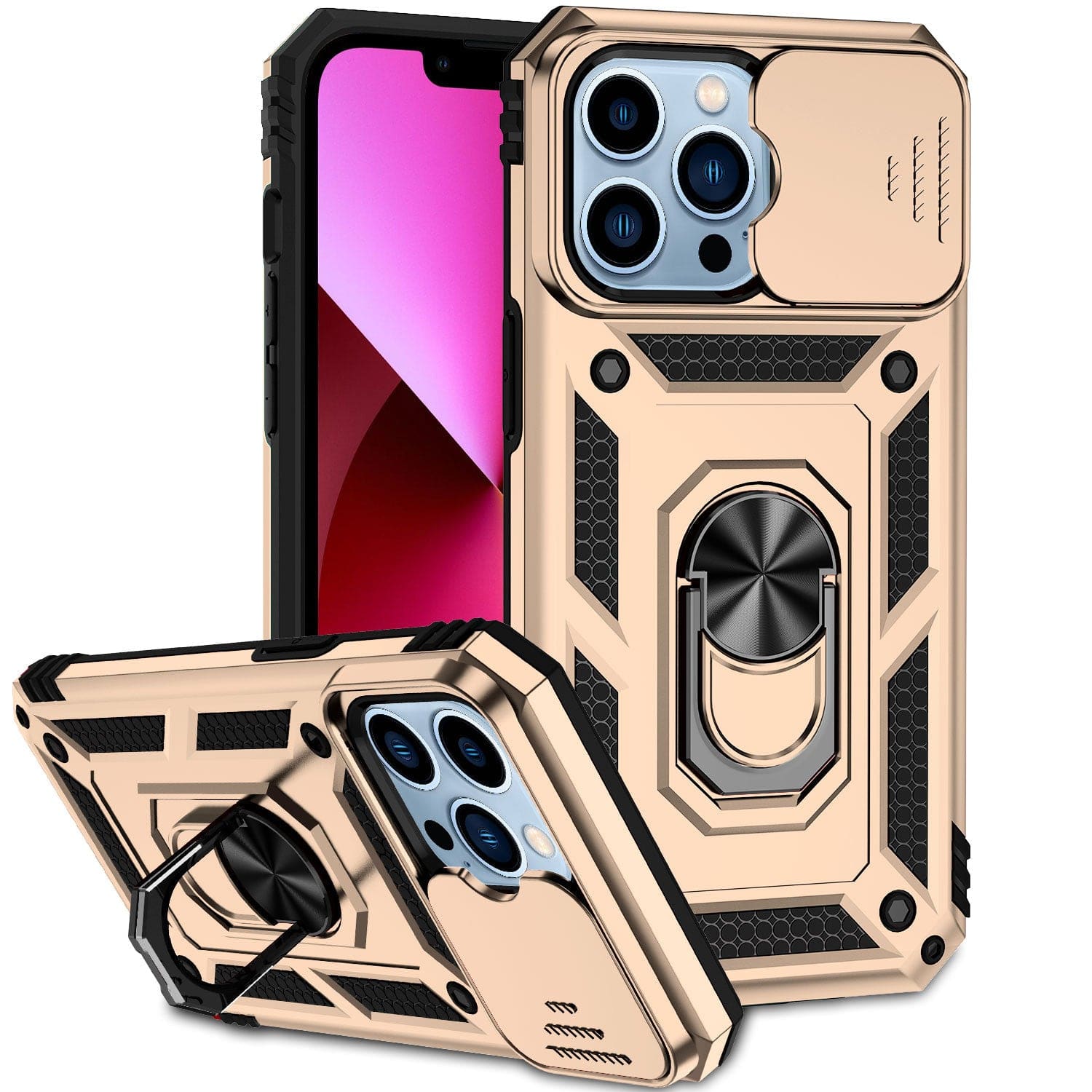 A rugged iPhone 16 Pro Max case with a gold and black design, featuring a magnetic ring stand and a slide cover for the camera, displayed in two different orientations.