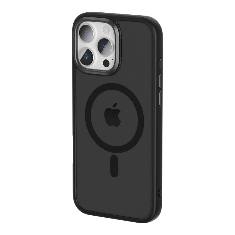 A black iPhone in a Golden Shield iPhone 16 Pro Max MagSafe Case, featuring a large circular design and Apple's logo on the back. The case offers an aluminum alloy camera frame and protection for the three camera lenses and flash in the top left corner, while ensuring MagSafe compatibility.