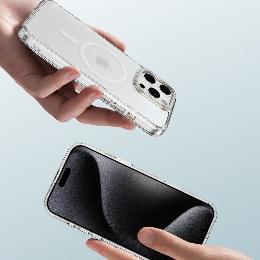 Two hands holding iPhones with the iPhone 16 Pro Max Clear Case, one displaying the back's logo and camera with raised camera protection, while the other showcases the screen.