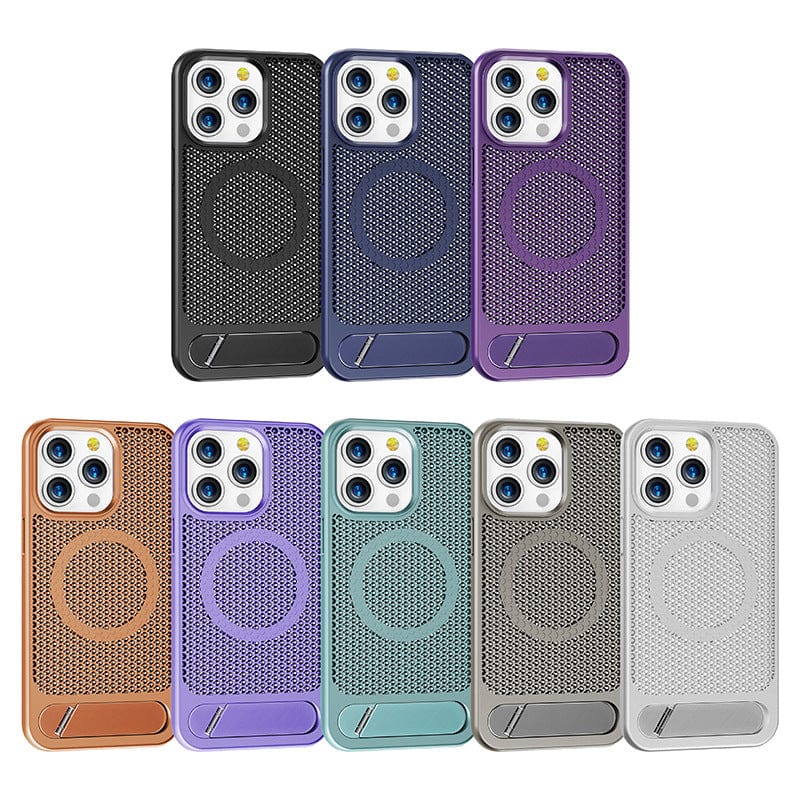 Image of eight iPhone 16 Pro Max Cases with Kickstands from the "Honeycomb Heat Dissipation Design" series, available in black, blue, purple, orange, green, teal, and silver. Each case features a circular design with a metal kickstand and is MagSafe compatible.