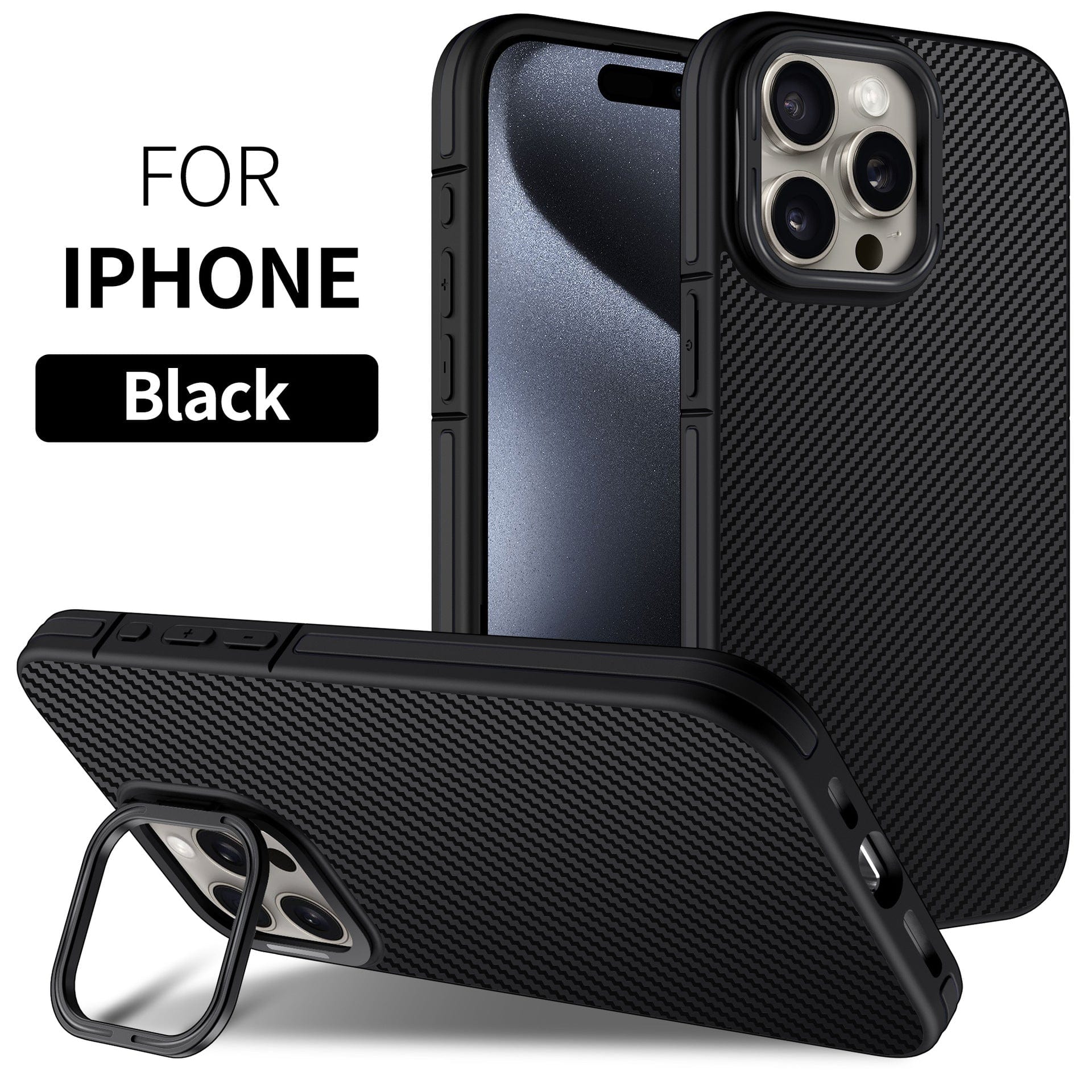 iPhone 16 Pro Max Carbon Fiber Texture Case - Shockproof with Metal Kickstand and MagSafe Compatibility, featuring precise cutouts for camera and buttons, displayed with and without an iPhone inside.