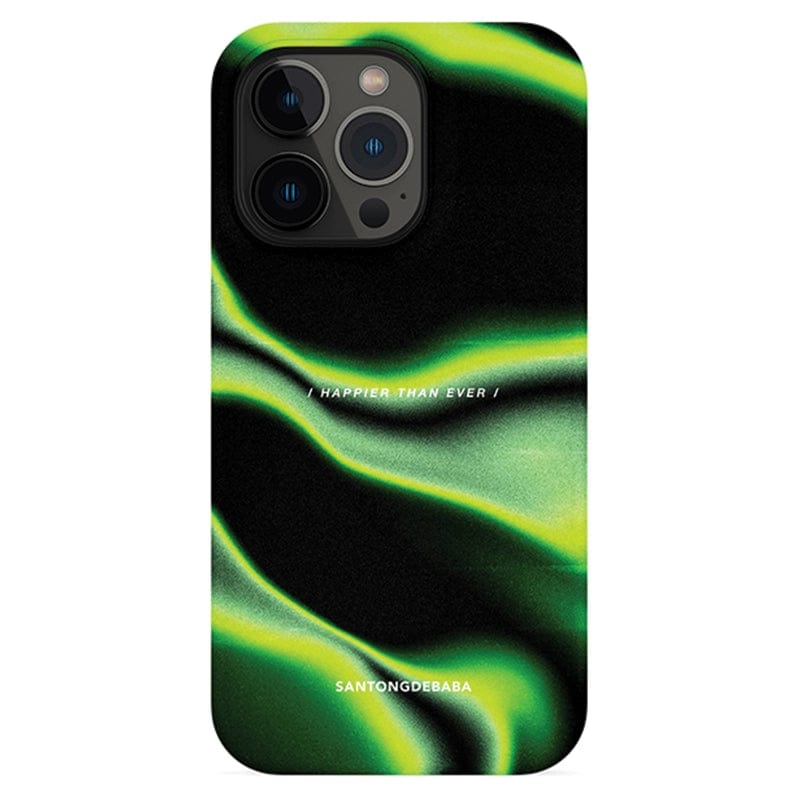 The Abstract Wave iPhone 16 Pro Max Case - Sleek Design with "Happier Than Ever" Quote features a black and green abstract wave design, along with the text "HAPPIER THAN EVER!" and "SANTONGDEBABA" printed on it. The phone's camera lenses and flash are visible at the top left corner of the case.