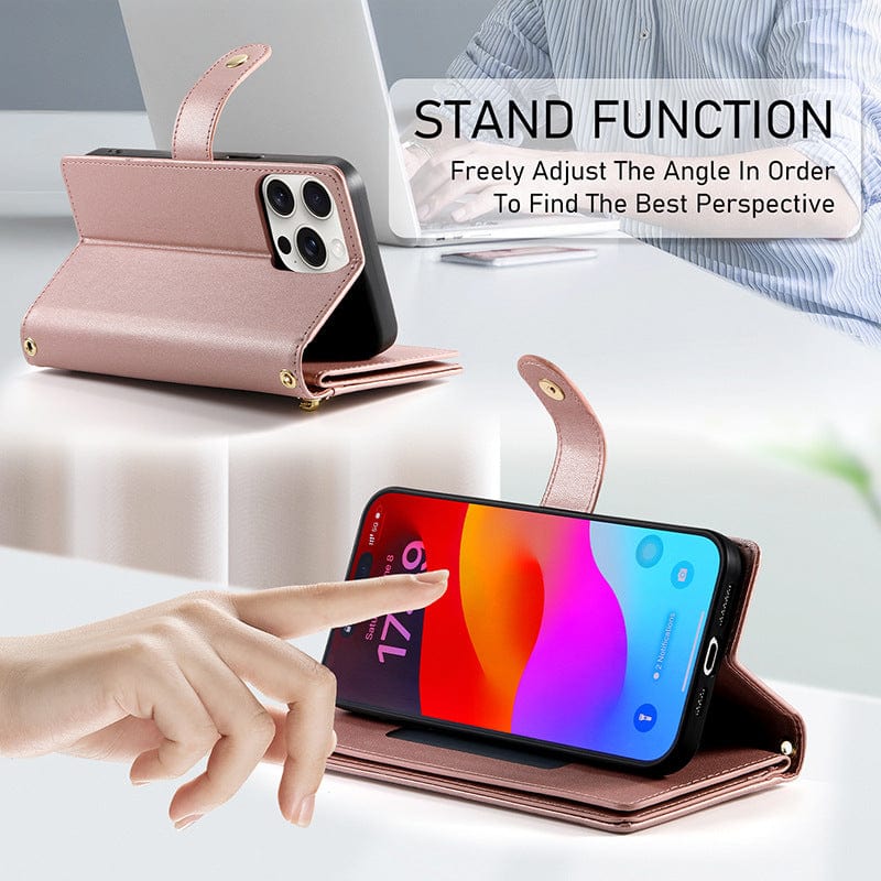 A person points to an iPhone 16 Pro Max Wallet Case in a rose gold premium leather folio cover, featuring a built-in stand function. Another wallet case of the same design is displayed upright. A text box reads, "STAND FUNCTION Freely Adjust The Angle In Order To Find The Best Perspective.