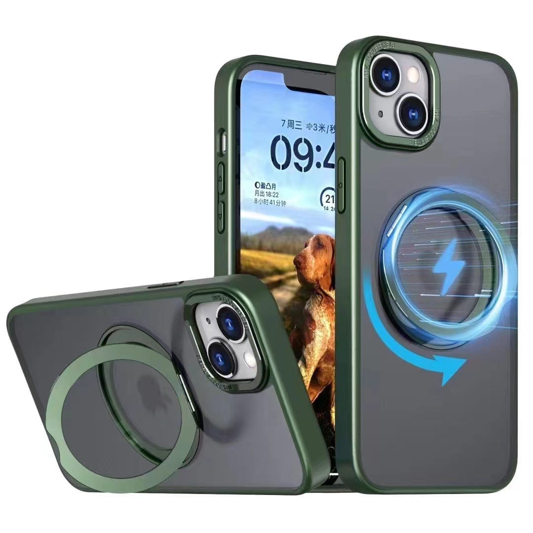 Displayed are three green iPhone 16 Pro Max cases with a transparent back, featuring a circular magnetic ring for MagSafe compatibility. One of the iPhones shows the home screen. These shockproof cases also include a 360° rotating stand and are designed to be anti-fingerprint and anti-smudge.