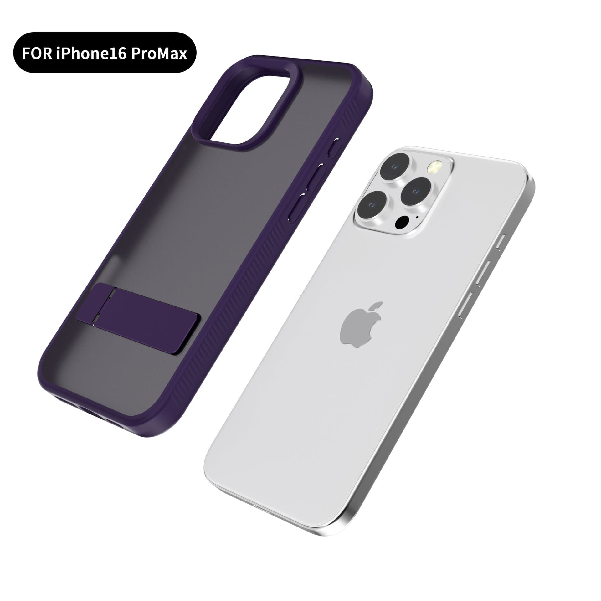 A white iPhone with three camera lenses beside a black iPhone 16 Pro Max Case with Foldable Kickstand, featuring a soft-touch finish and slim TPU protective cover designed for ultimate protection.