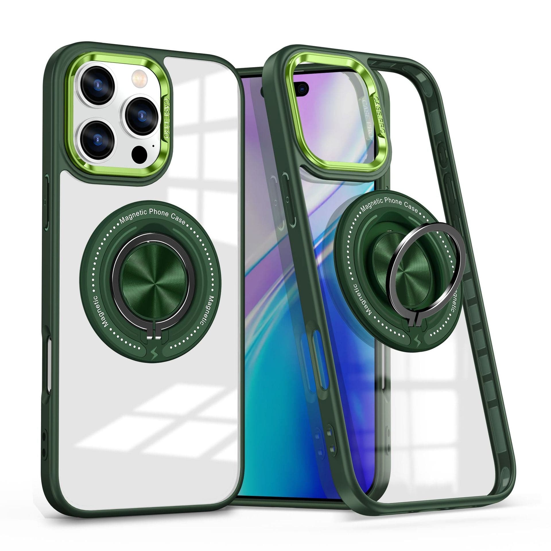 Two cases labeled as "Magnetic Ring iPhone 16 Pro Max Case" are showcased in green hue and transparency, each featuring reinforced corners, a built-in kickstand for hands-free use, and a 360° rotating finger ring. Additionally, they are designed to be MagSafe compatible for your convenience.