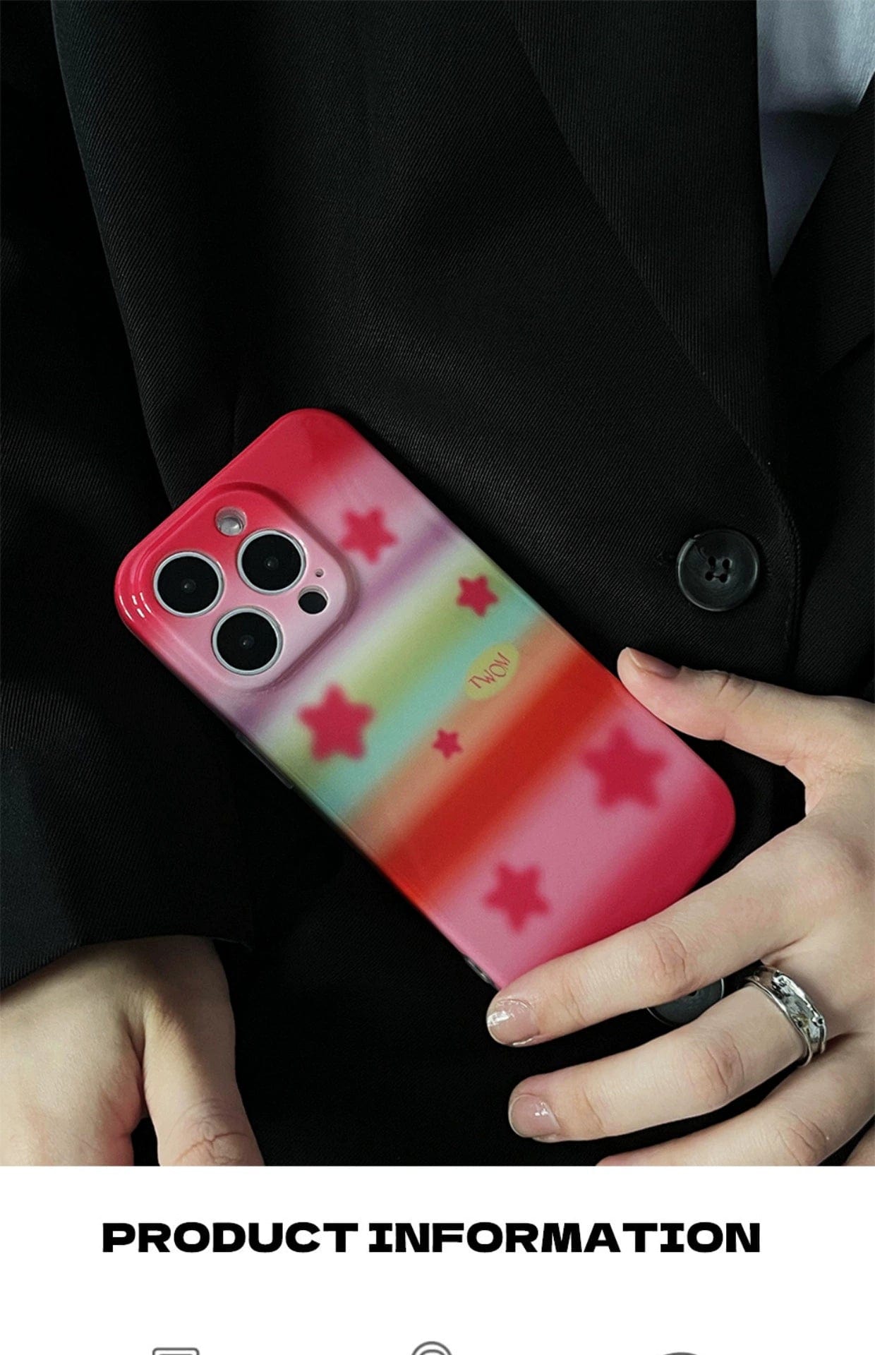 A person in black clothing holds a Pink Starburst iPhone 16 Pro Max Case, showcasing its pastel rainbow design and cute star pattern.