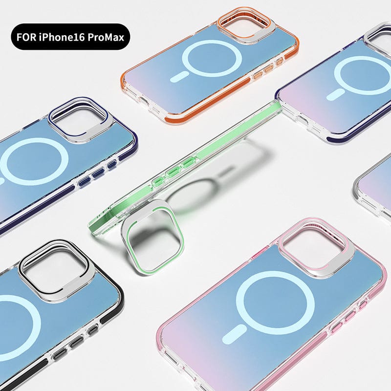 Several iPhone 16 Pro Max Cases with Iridescent Finish are arranged on a light surface, each featuring a clear back and colorful TPU bumper, proudly displaying their MagSafe compatibility with circular charging symbols.