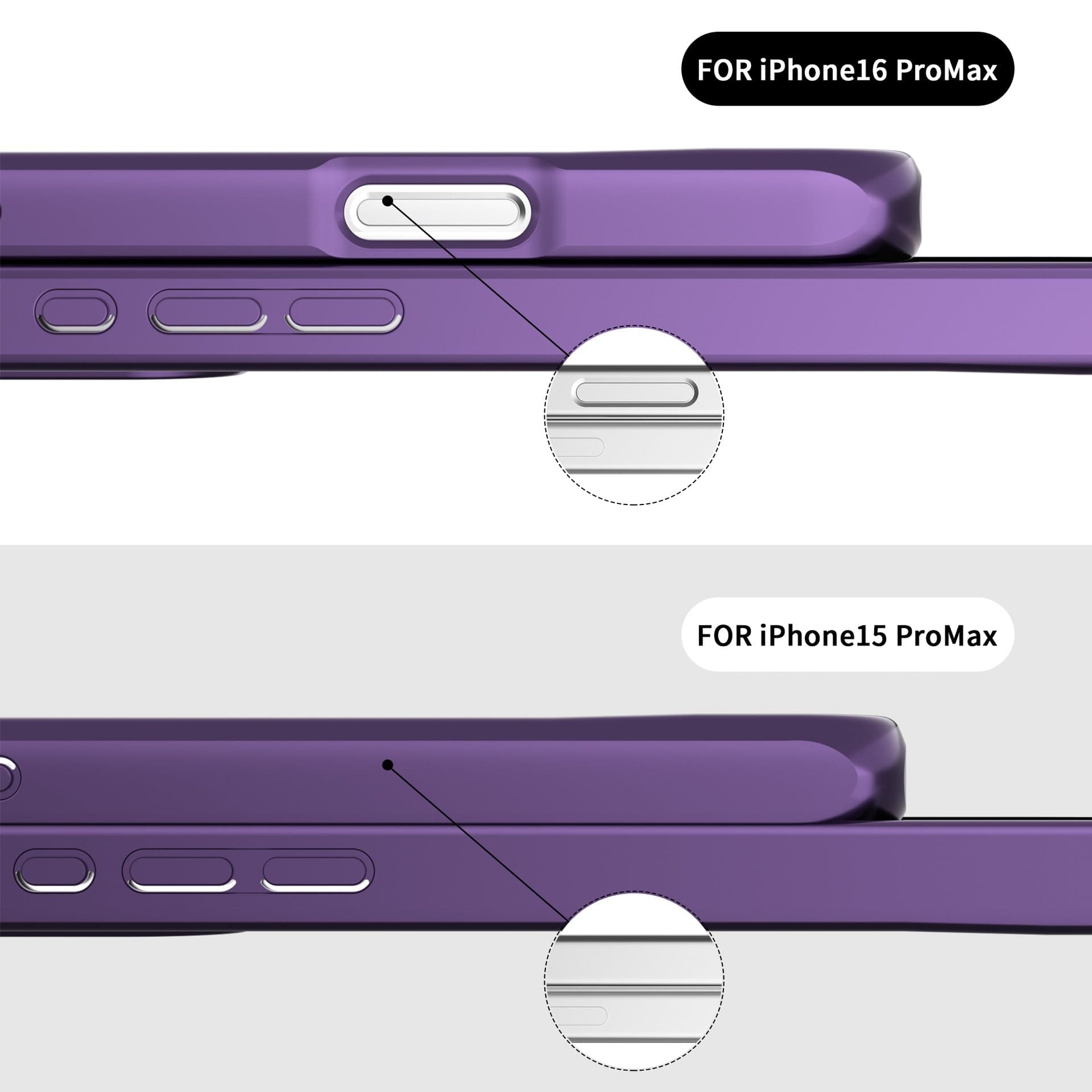 Comparison of the side details of two phone models: iPhone 16 Pro Max and iPhone 15 Pro Max, highlighting differences in button placement and design, essential to consider when selecting the right MagSafe Compatible iPhone 16 Pro Max Case with Kickstand | Slim Protective Cover | Multiple Colors | Magnetic Adsorption.