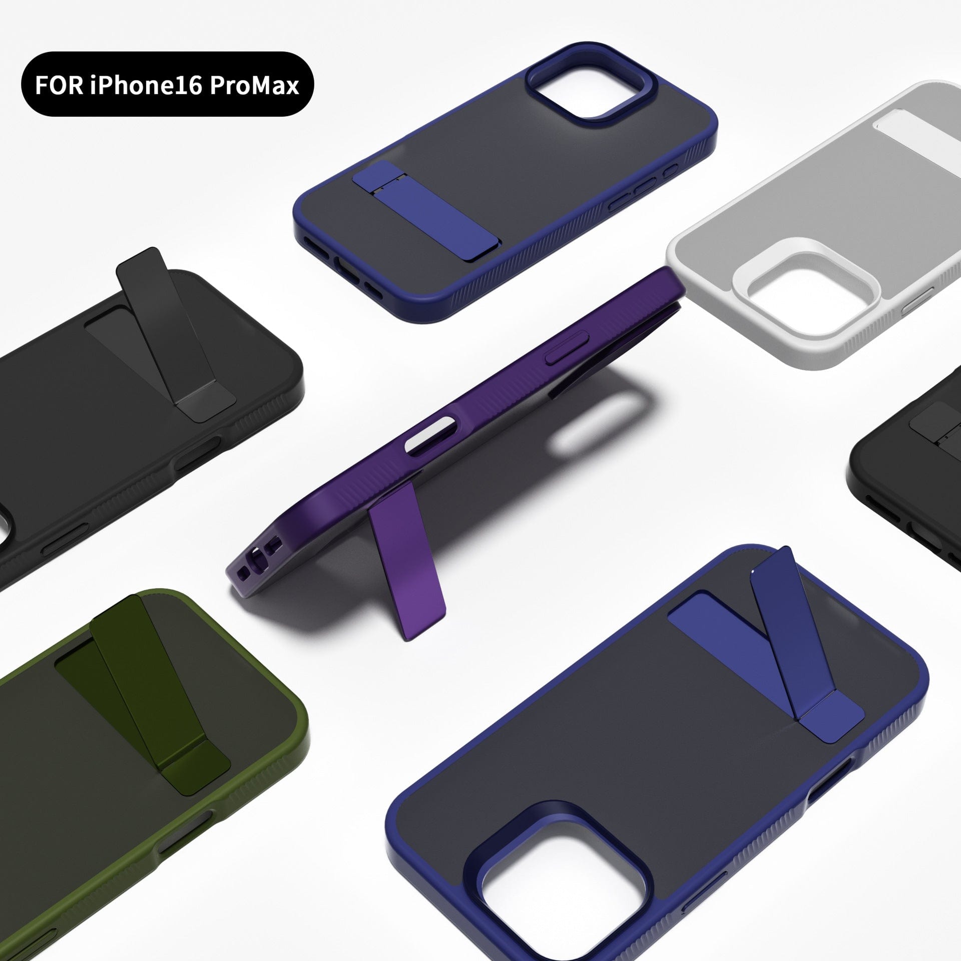 The iPhone 16 Pro Max Case with Foldable Kickstand, featuring a soft-touch finish and slim TPU protective cover, is displayed in various colors and orientations against a white background.