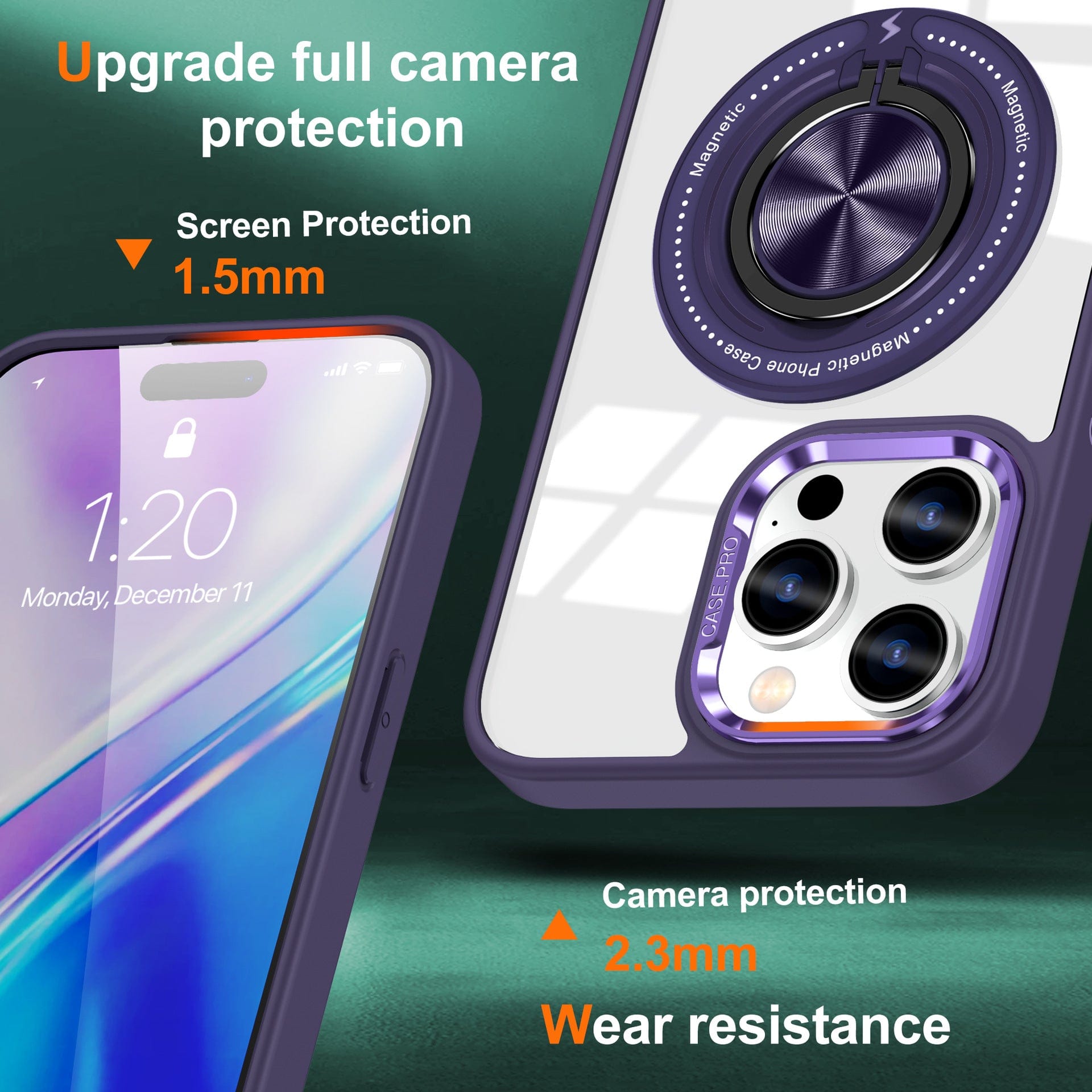 The Magnetic Ring iPhone 16 Pro Max Case, a MagSafe compatible shockproof clear cover with a 360° rotating finger ring stand, is shown. Text highlights its 1.5mm screen protection, 2.3mm camera protection, and enhanced wear resistance.