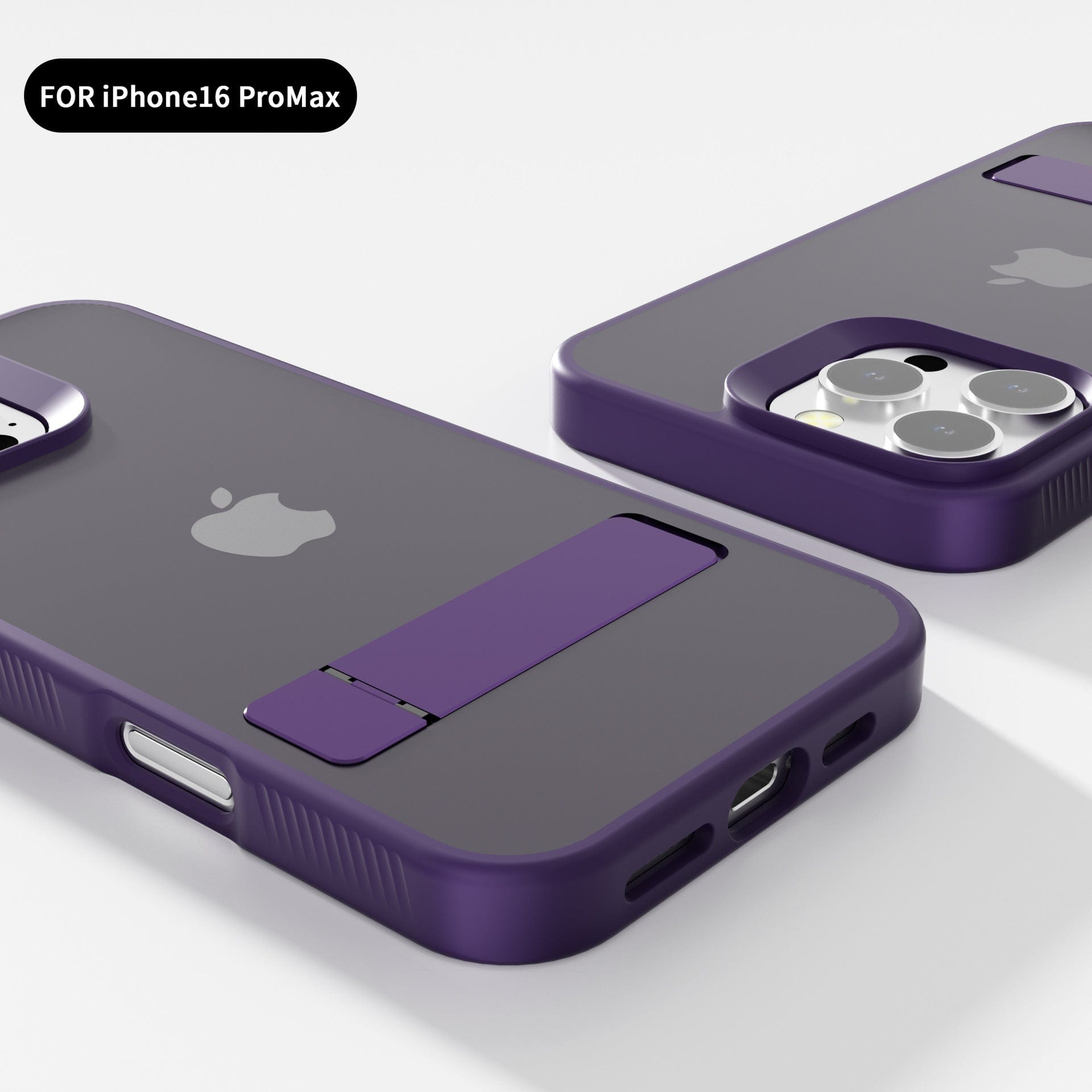 Two iPhone 16 Pro Max Cases with Foldable Kickstands, featuring a soft-touch finish and slim TPU protective cover in purple, are displayed on a white surface. One case emphasizes the camera cutout, while the other showcases the underside of the iPhone 16 Pro Max Case.