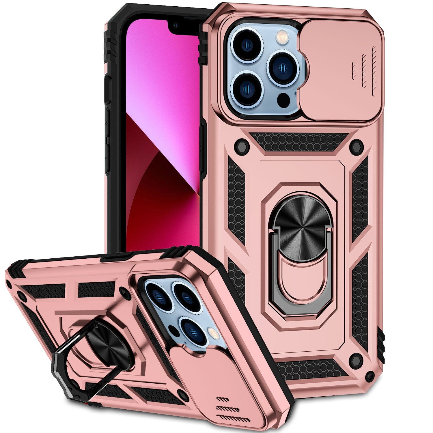 A rugged, shockproof iPhone 16 Pro Max case in rose gold, featuring a built-in magnetic ring stand and camera lens cover, demonstrated from both front and back views with a pink screen displayed on the phone inside.