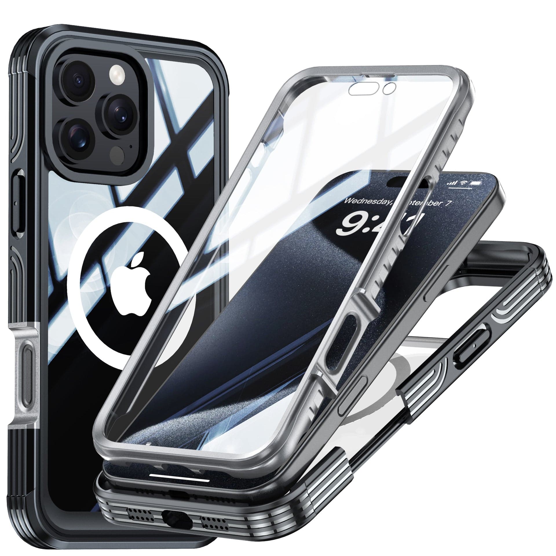 Three views of the Magnetic Clear iPhone 16 Pro Max Case with 9H Tempered Glass Screen Protector in Black, showcasing the back, front, and side. It features a transparent cover, reinforced edges, visible Apple logo, and MagSafe compatibility. This shockproof military-grade protective cover ensures robust protection for your device.