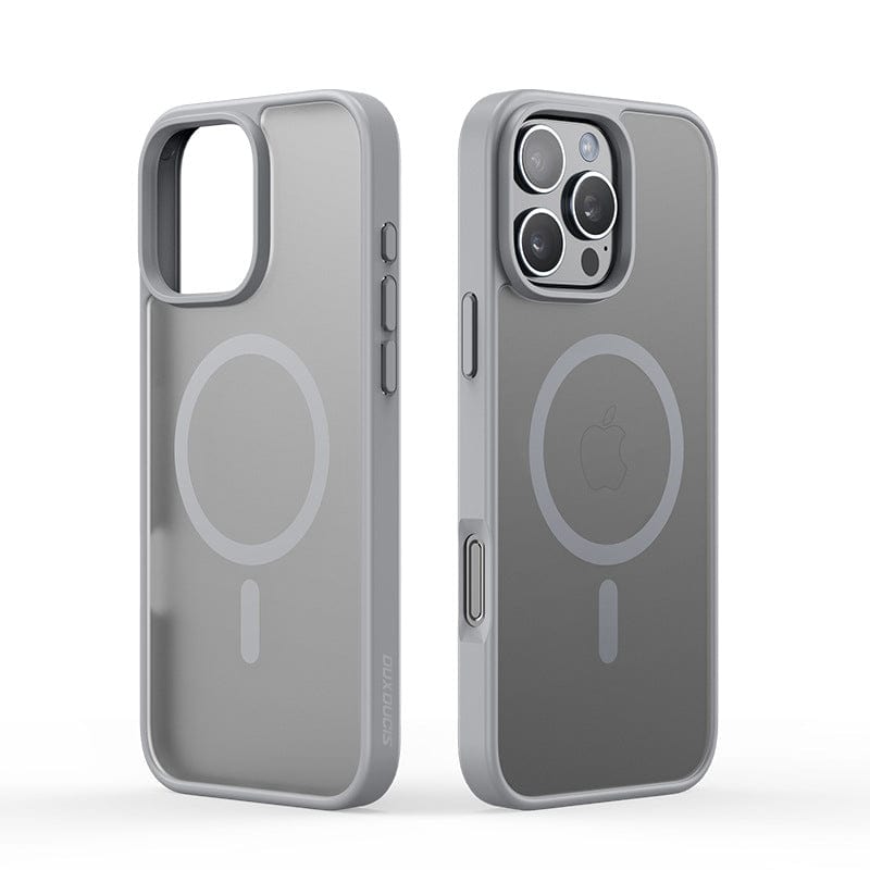 Two gray iPhone 16 Pro Max cases with a matte finish are displayed. One image shows the back view, highlighting the MagSafe compatibility and shockproof PC backplate, while the other image captures the front view, featuring the camera and buttons.