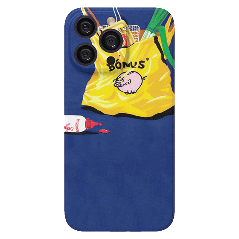 The Quirky Grocery Bag iPhone 16 Pro Max Case - Fun and Durable Protection features a distinctive design with a yellow shopping bag labeled "BÓNUS" and an illustrated pig logo. The bag is depicted as toppling over, spilling a vibrant tube of red paint onto a striking blue background.