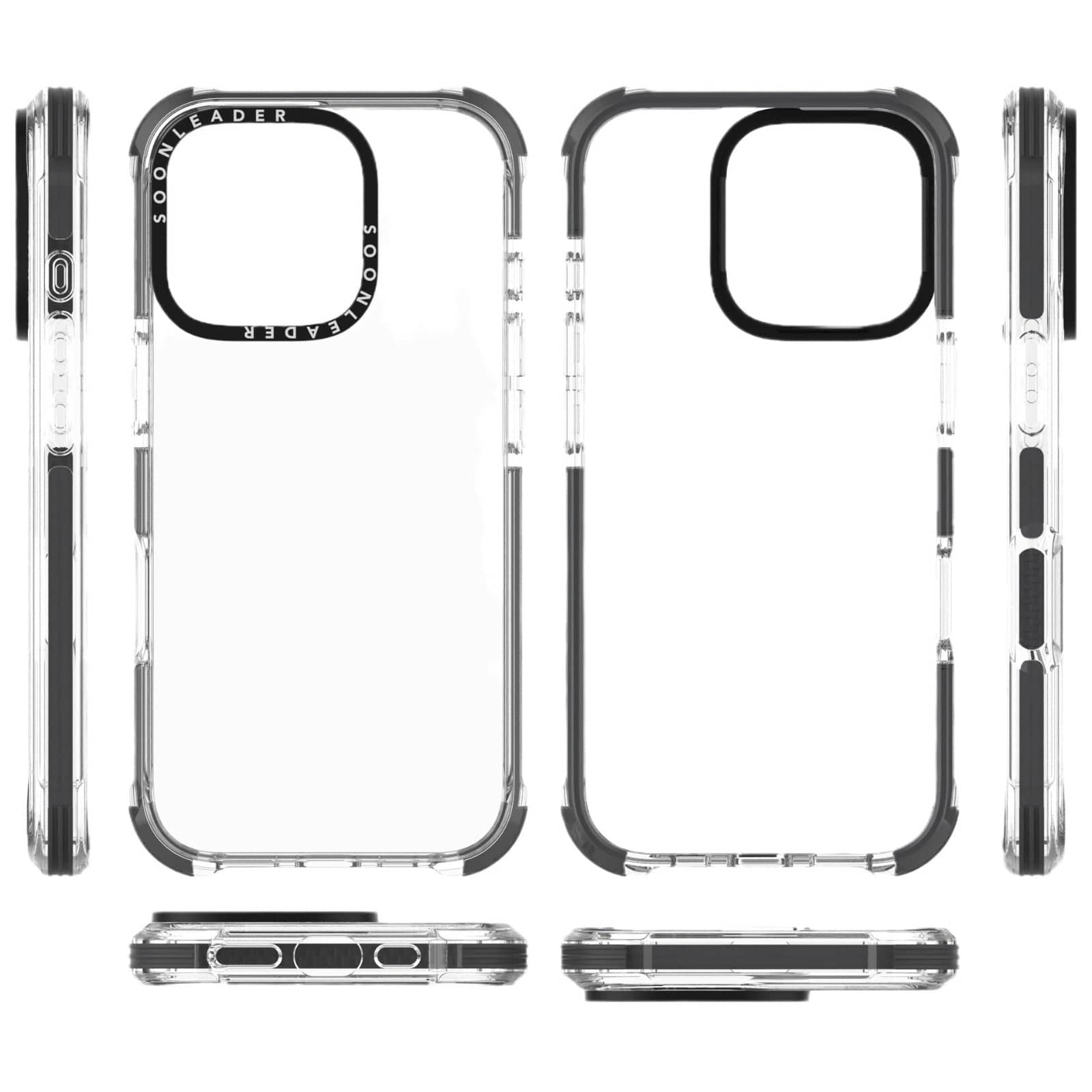 The iPhone 16 Pro Max Clear MagSafe Case, featuring black accents, is showcased from multiple angles including front, back, sides, and bottom. The detailed images highlight its precision cutouts and protective features, emphasizing its anti-yellowing properties and military-grade drop protection.