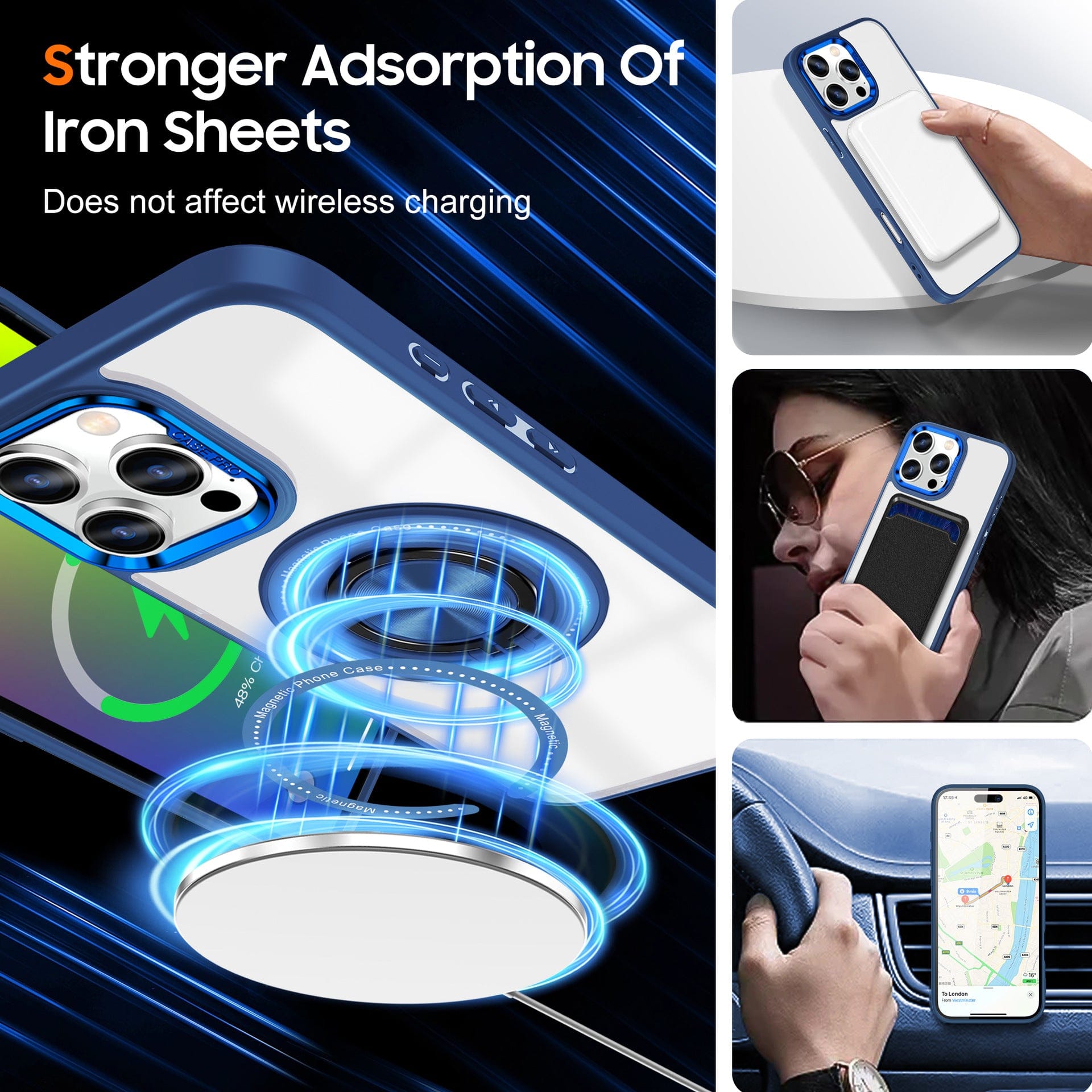 Image featuring the Magnetic Ring iPhone 16 Pro Max Case, a MagSafe-compatible shockproof clear cover with stronger adsorption of iron sheets, enabling wireless charging. The case offers magnetic support for mounting in a car, usability during navigation, and includes a 360° rotating finger ring for added convenience.