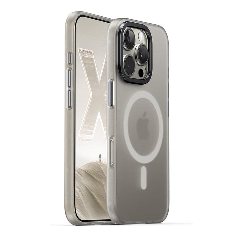 Displayed front and back, the iPhone 16 Pro Max MagSafe Case | X-002 Hdens Matte Finish Shockproof Cover features a clear design with a circular MagSafe component. The F-side shockproof technology protects the phone, while its screen displays an abstract background with the letter "X".