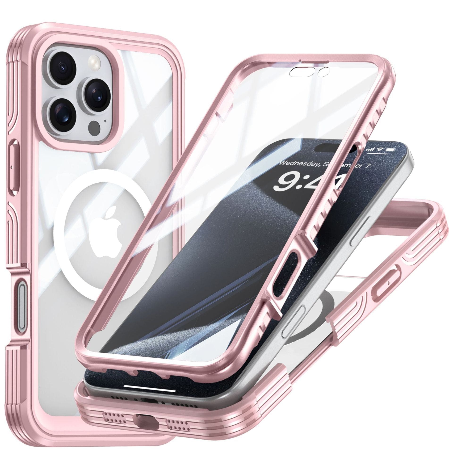 Three Magnetic Clear iPhone 16 Pro Max Cases are displayed in pink, with one phone inserted showing the time and date on the lock screen. These cases feature reinforced corners, a shockproof military-grade protective cover, and an integrated circular magnet for MagSafe compatibility.